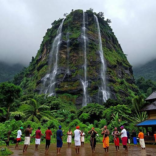 Photograph of diverse group standing in front of lush, green, misty waterfall mountain, wearing colorful traditional clothes, under overcast sky.