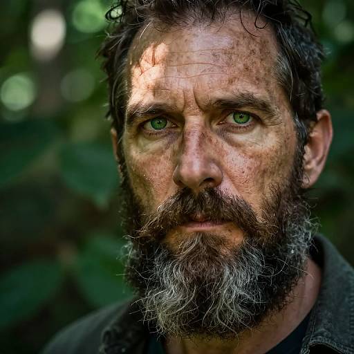 Close-up photograph of a rugged, middle-aged man with green eyes, curly dark beard, and sunlit face, set against a blurry forest background.