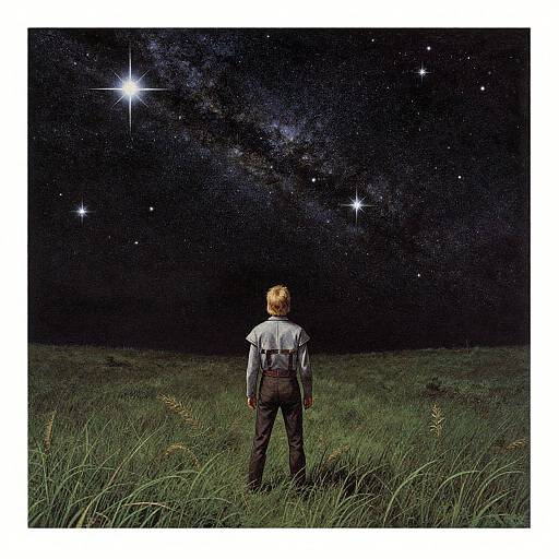 Photograph of a young boy with blonde hair, wearing a white shirt and brown pants, standing in a grassy field, gazing up at a