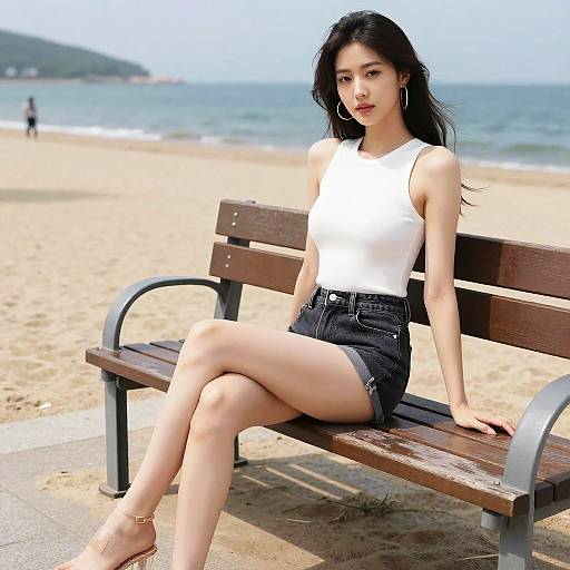 Photograph of an Asian woman with long black hair, wearing a white sleeveless top and black denim shorts, sitting on a wooden beach bench, legs