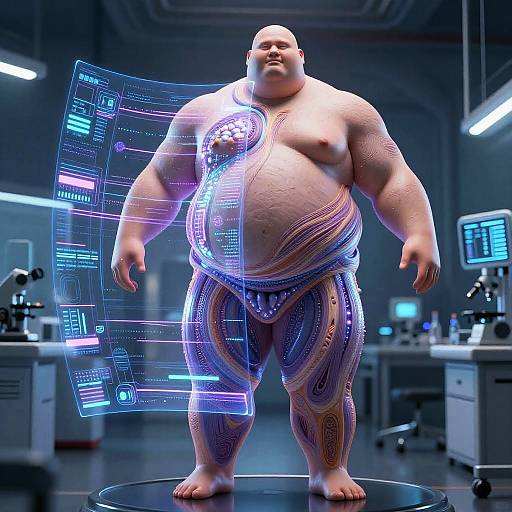 CGI image of a large, bald, overweight man with glowing, circuit-like patterns on his body, standing in a futuristic lab.