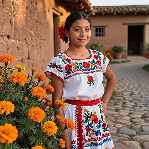 Photograph of a young Latina girl with medium brown skin, black hair in a red flower bun, wearing a white dress with colorful floral embroidery, standing