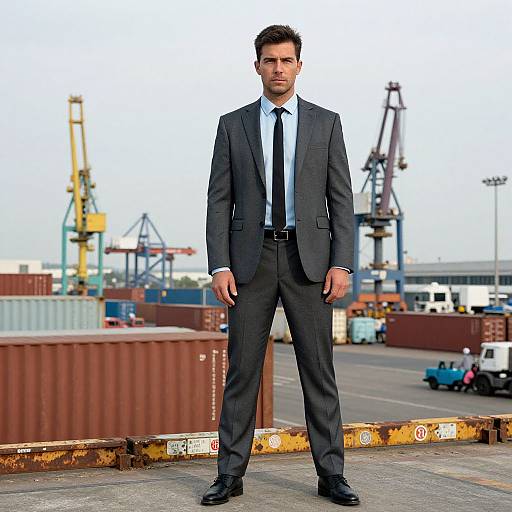 Photograph of a serious, handsome man in a dark gray suit, white shirt, black tie, standing on a dock with colorful shipping containers and cr