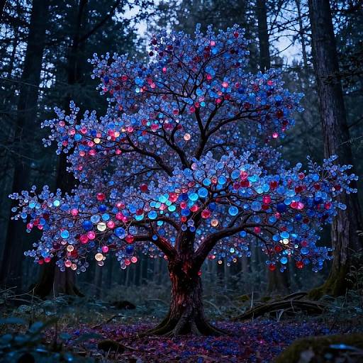 Photograph of a magical tree in a dark forest, adorned with glowing blue and red paper lanterns, creating a whimsical, enchanting nighttime scene