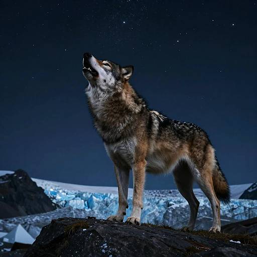 Photograph of a howling wolf with brown, black, and white fur standing on a rocky ledge under a starry, icy night sky.