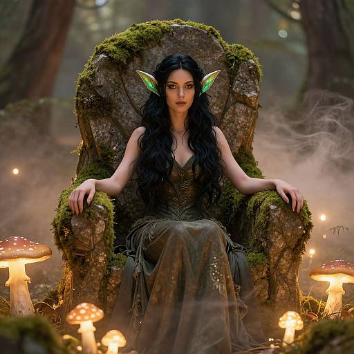 Digital fantasy artwork: Elven woman with long black hair, green elf ears, moss-covered throne, dark dress, surrounded by glowing mushrooms in a mist