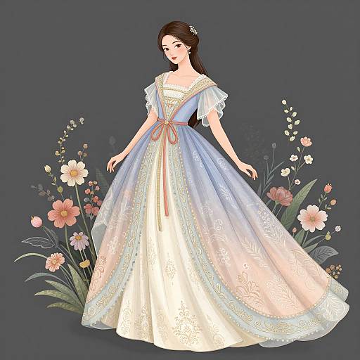 Digital illustration of a fair-skinned woman with long dark hair in a flowing, pastel-colored floral dress, surrounded by colorful flowers and greenery against