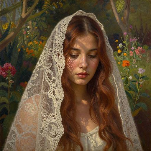 Photorealistic digital painting of a young woman with long, wavy auburn hair, wearing a delicate white lace veil, standing in a sun