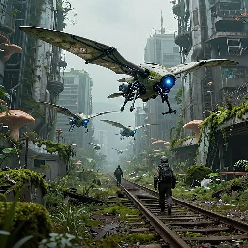 Photorealistic CGI of a dystopian cityscape with overgrown, fungal-covered buildings. Hovering insect-like drones with blue lights fly over rusted