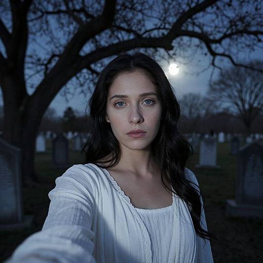 Photograph of a young woman with long, dark brown hair, blue eyes, and fair skin, wearing a white, textured blouse, standing in a