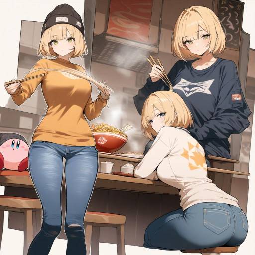 Kirby Enjoying Ramen in a Beanie