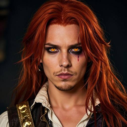 Close-up photograph of a pale-skinned, red-haired man with intense yellow eyes, dark makeup, a small scar on his right cheek, and a