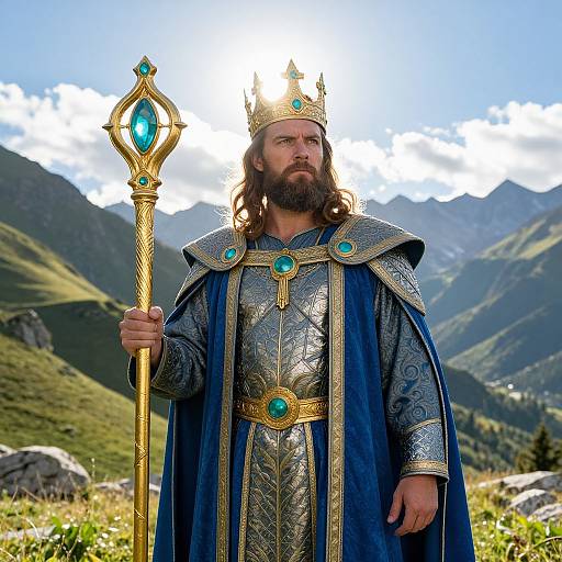 Photograph of a bearded king with long brown hair, wearing a golden crown, silver armor, blue robe, and holding a jeweled staff,