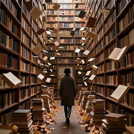 Photograph of a person in a dark coat walking through a magical library aisle, surrounded by floating books and autumn leaves.