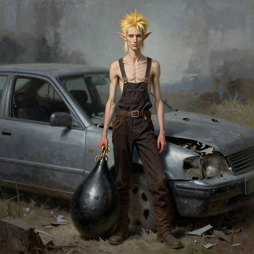 Digital painting: Tall, slim, blonde elf with pointed ears, wearing black overalls, standing beside a rusted, crashed silver car, holding a