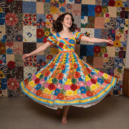Photograph of a smiling woman with curly brown hair, wearing a vibrant, floral-patterned, 1960s-style dress, twirling against a