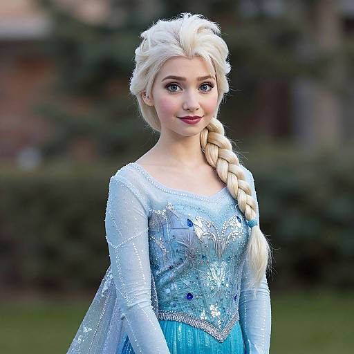 Digital CGI image of Elsa from Frozen, with long blonde braid, blue sparkling ice gown, standing outdoors against blurred greenery.