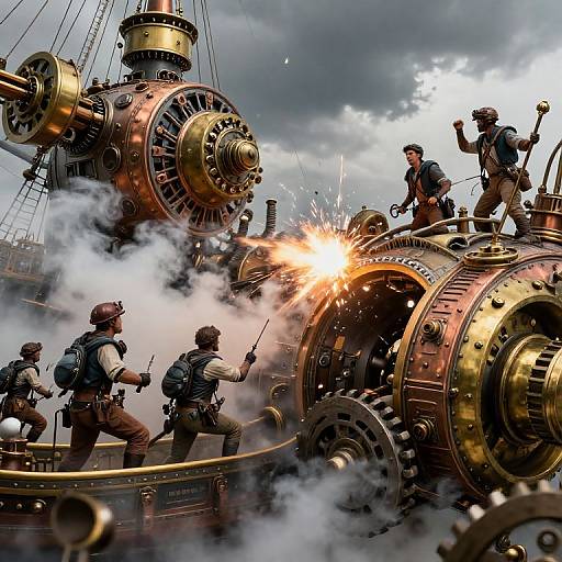 Photograph of four soldiers in steampunk gear igniting large, metallic, steam-powered engines with sparks, set against a dramatic, cloudy sky.