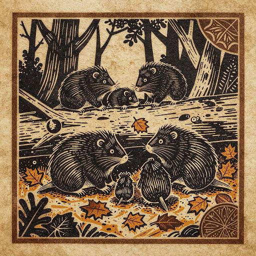 Rustic Porcupine Family Woodcut Art