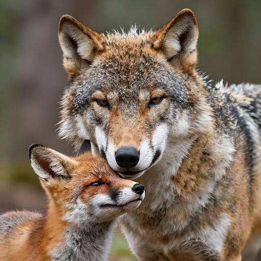 Wolf and Fox Cub Close Embrace