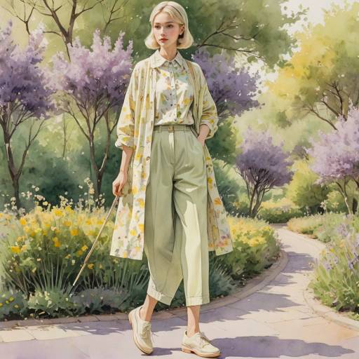 Young Woman in Pastel Outfit Walking in Garden