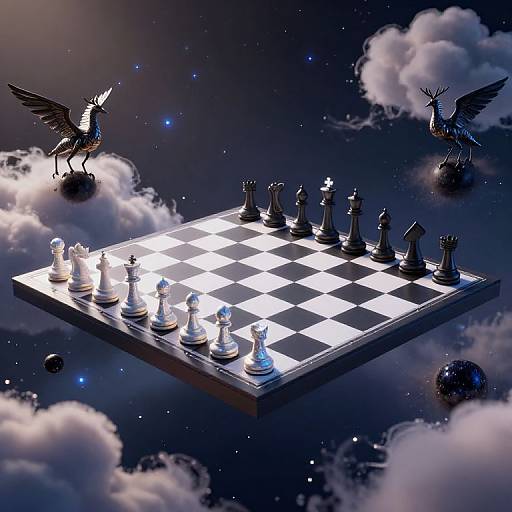 Digital artwork of a floating chessboard with black and white pieces, surrounded by clouds, stars, and winged black and white celestial creatures.