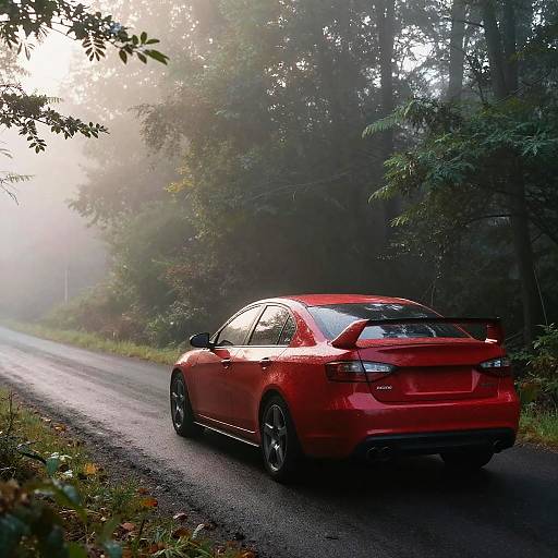 Red Car Driving Through Misty Forest
