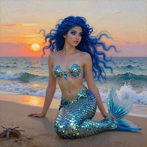Digital painting of a blue-haired mermaid with sequined tail and top, sitting on a sandy beach at sunset with waves.
