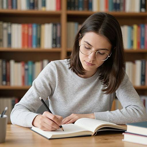 Photograph of a focused young woman with straight black hair, wearing glasses and a gray sweater, writing in an open book at a wooden table, with