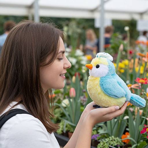 Woman Touching Plushie Bird at Flower Show