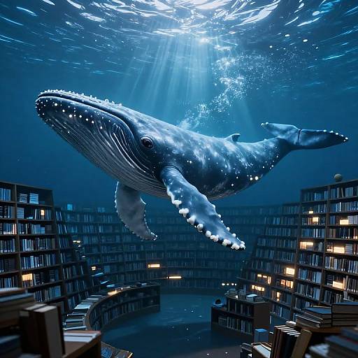 Photorealistic digital artwork of a massive blue whale with glowing patterns swimming through an illuminated, circular library filled with bookshelves.