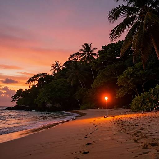 Photograph of a tropical beach at sunset, with vibrant orange and pink sky, palm trees, dark silhouettes, and a glowing streetlamp reflecting