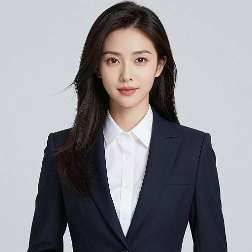 Photograph of an Asian woman with long black hair, wearing a black suit jacket over a white shirt, against a plain white background. She has a