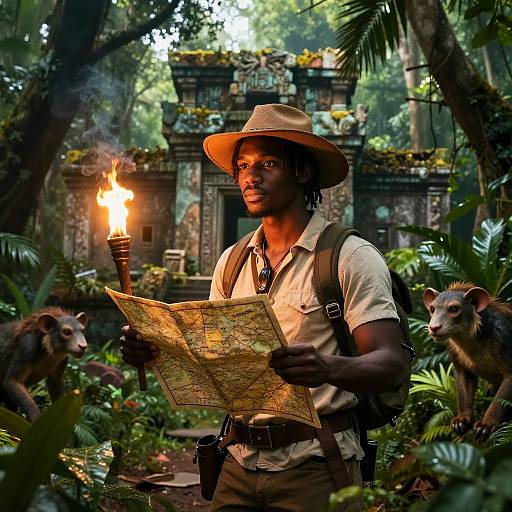 Photograph of a black man in a jungle, wearing a hat and shirt, holding a map and torch, surrounded by monkeys, with ancient temple ruins
