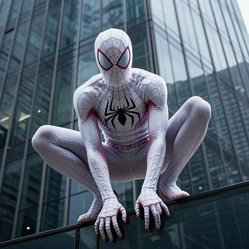Photograph of Spider-Man in white, web-patterned suit, crouching on a ledge, city skyscrapers in background, red eyes,
