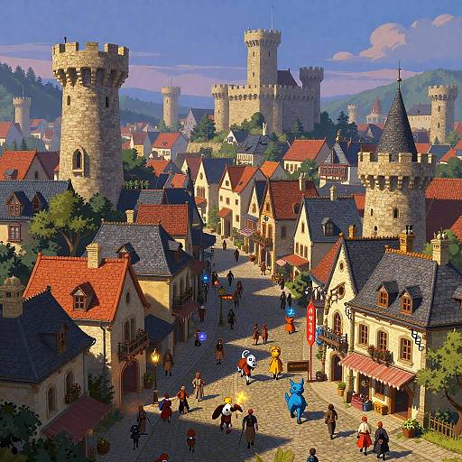 Pixel art of a vibrant medieval village with red-roofed buildings, stone towers, and colorful characters walking on a sunlit cobblestone street.