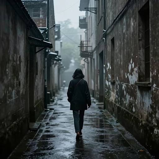 Photograph of a solitary person in a dark coat walking down a wet, narrow, urban alley with graffiti-covered walls and overcast sky.