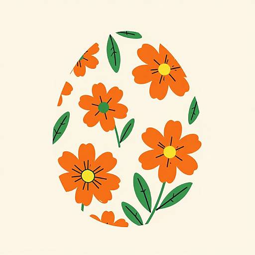 Digital drawing of five bright orange flowers with yellow centers and green leaves, arranged in a circular pattern on a white background.