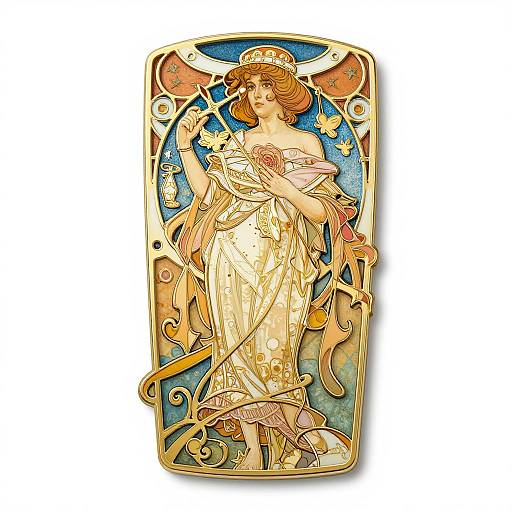 Art Nouveau-style illustration of a fair-skinned woman with wavy brown hair, wearing a flowing, gold-embellished white gown, holding