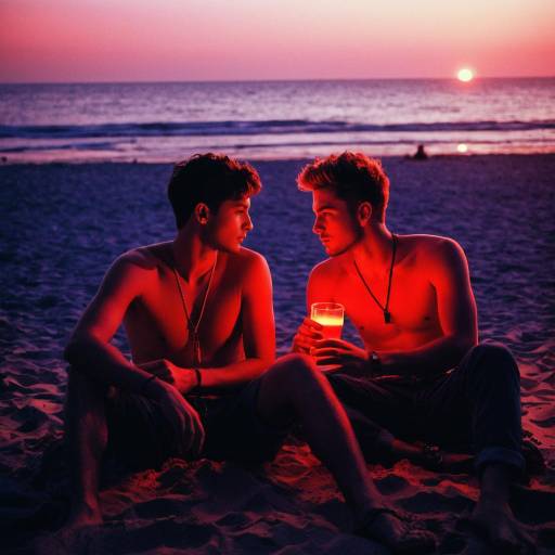 Two Young Men Sitting on Beach at Sunset with Neon Light
