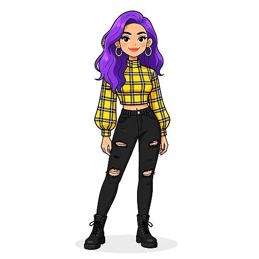 Digital illustration of a woman with purple hair, wearing a yellow plaid crop top, black ripped jeans, and black boots, standing against a white background