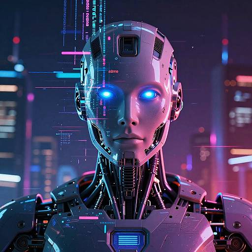 Digital artwork of a futuristic, robotic human face with glowing blue eyes, neon-lit cityscape background, metallic texture, and vibrant blue and pink lights