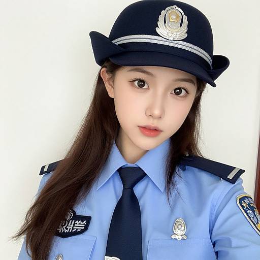 Photograph of an Asian woman with long brown hair, wearing a blue police uniform, black tie, and hat, with a white background.