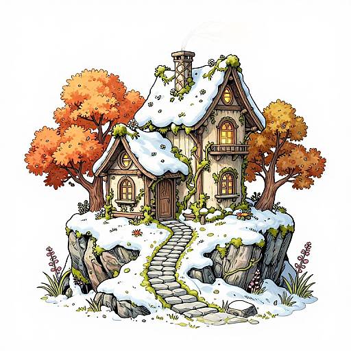 Colorful illustration of a whimsical, snow-covered cottage on a rocky cliff, with vibrant orange autumn trees, a stone path, and glowing yellow windows