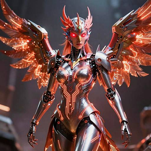 CGI image of a sleek, metallic, red and black winged android with glowing red eyes and intricate neon patterns, standing in a dark, futuristic