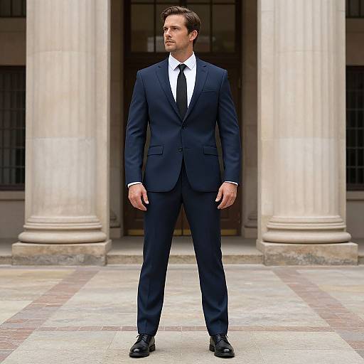 Photograph of a handsome, tall man in a dark blue suit, white shirt, black tie, and black shoes, standing confidently in front of tall