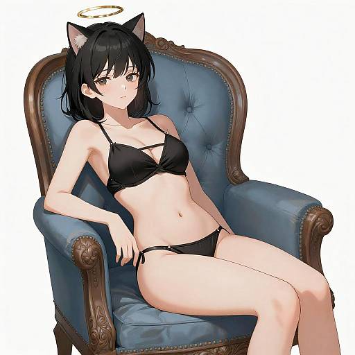 Anime Girl with Cat Ears Reclining on Blue Chair