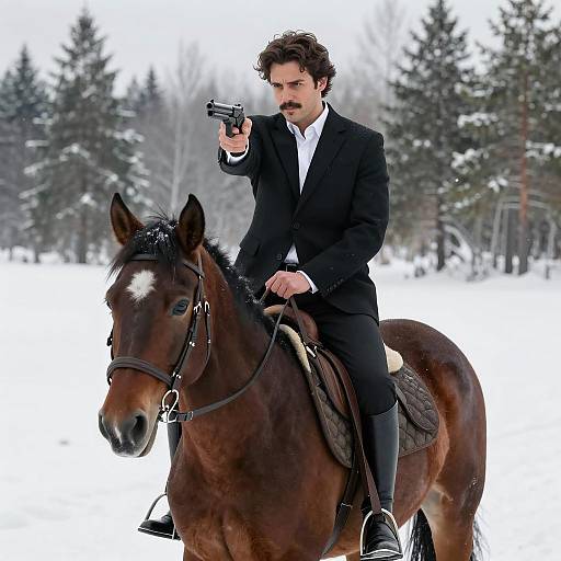 Man in Suit on Horsepointing Pistol in Snowy Forest
