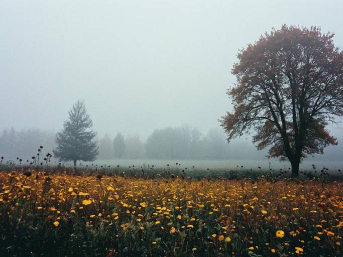 Foggy Autumn Field with Yellow Flowers
