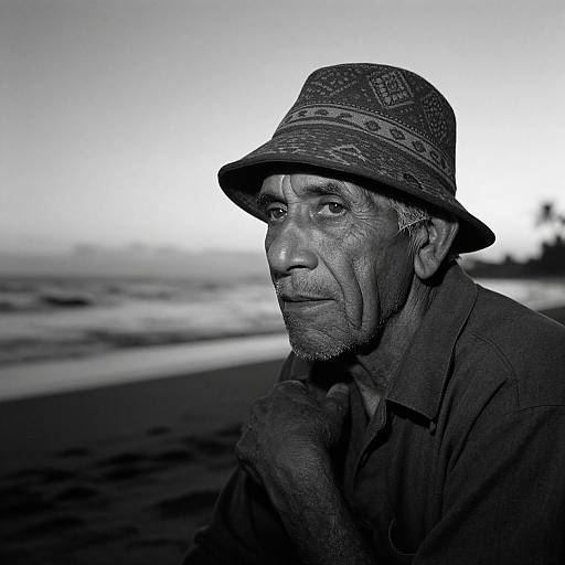 Black-and-white photograph of an elderly man with deep wrinkles, wearing a patterned bucket hat and dark jacket, standing on a beach with blurred waves and
